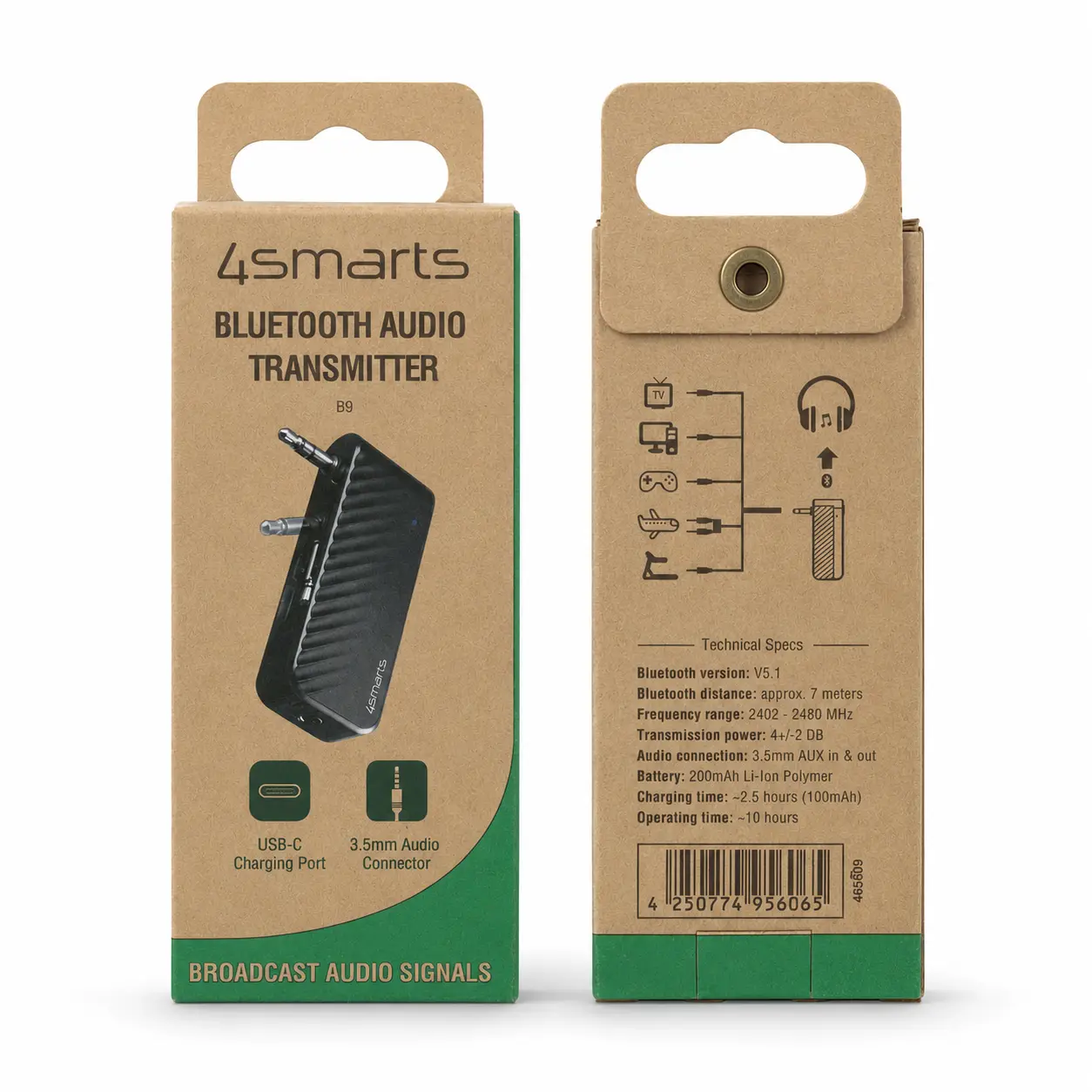 Contenu de l'emballage de l'émetteur audio Bluetooth 4smarts B9 avec câble USB-C et manuel utilisateur