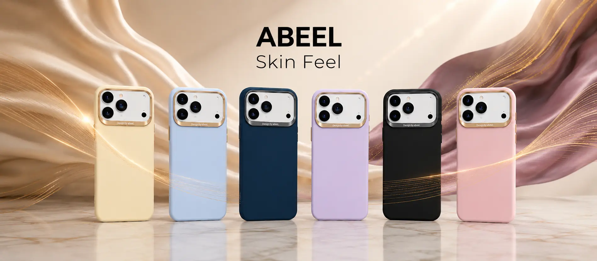 Gamme de coques ABEEL Skin Feel en coloris Jaune Crème, Bleu Ciel, Bleu Marine, Lavande, Noir et Rose