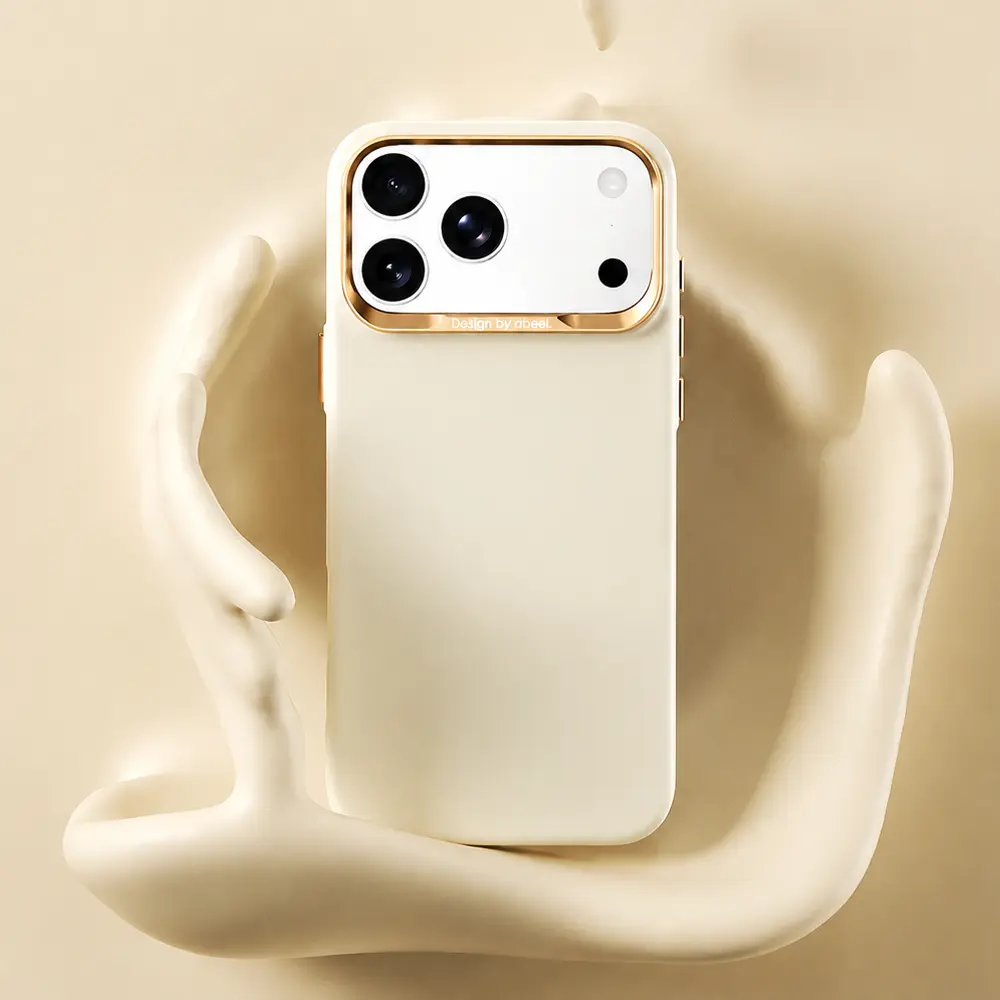 Coque ABEEL Skin Feel Mag jaune crème pour iPhone 17 Pro avec contour doré autour de l'appareil photo