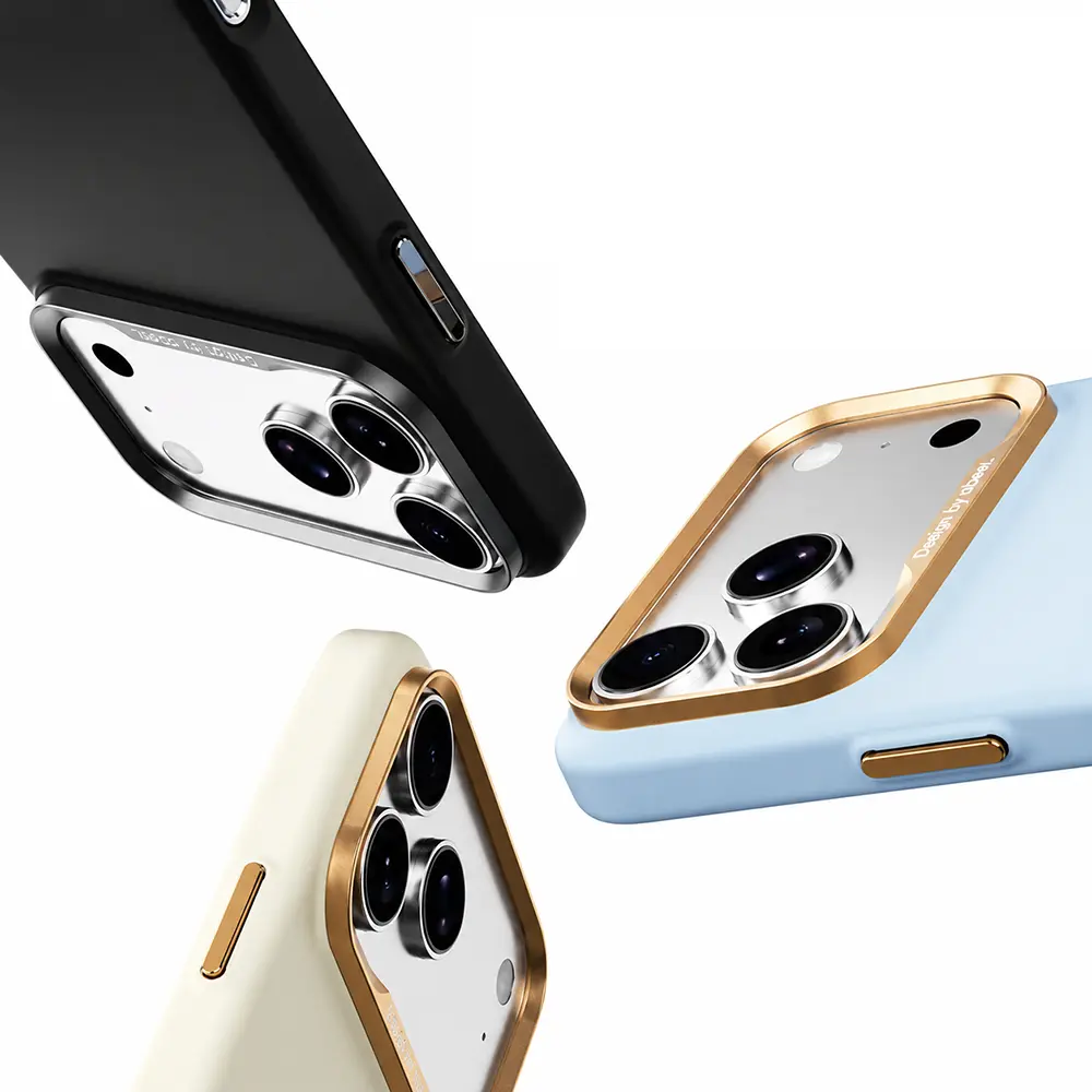 Détails des finitions des coques ABEEL Skin Feel Mag noire, jaune crème et bleu ciel pour iPhone 17 Pro
