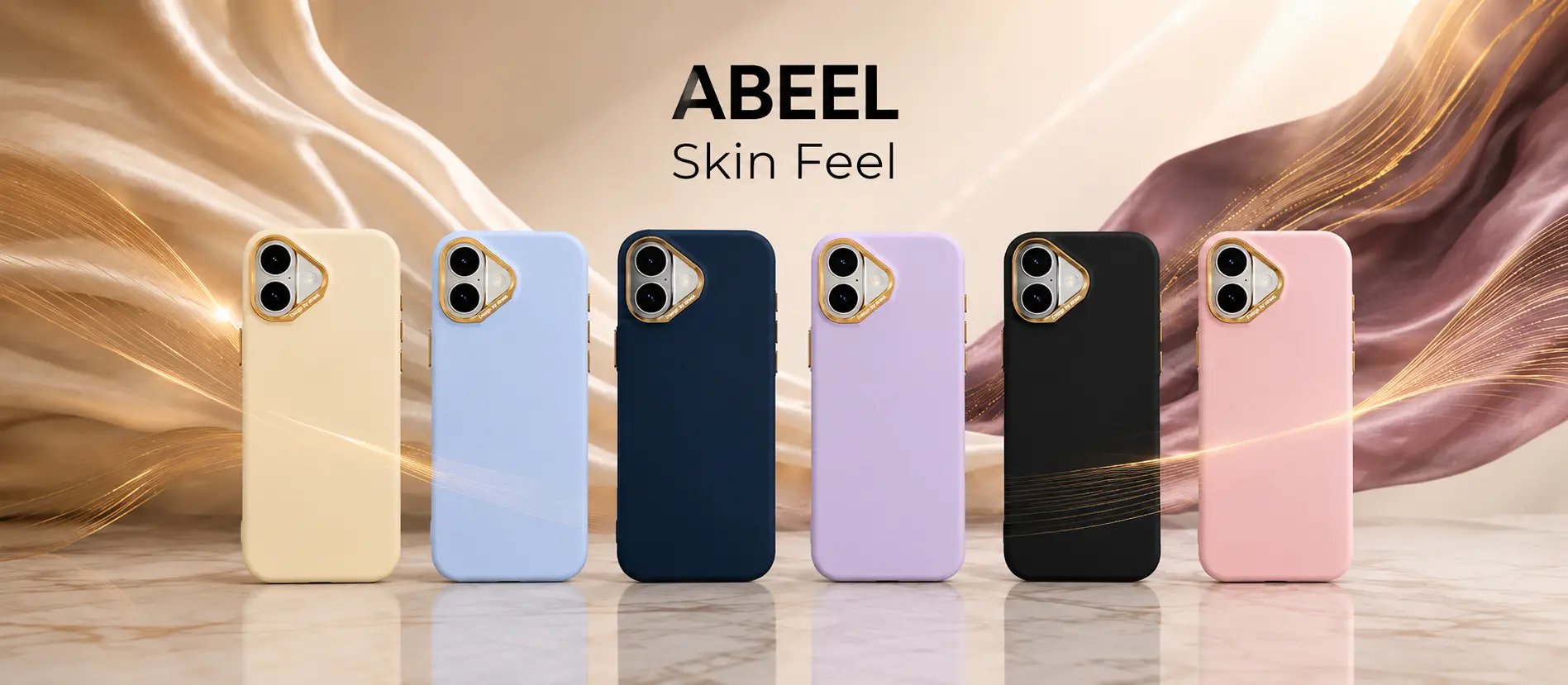 Gamme de coques ABEEL Skin Feel en coloris Jaune Crème, Bleu Ciel, Bleu Marine, Lavande, Noir et Rose