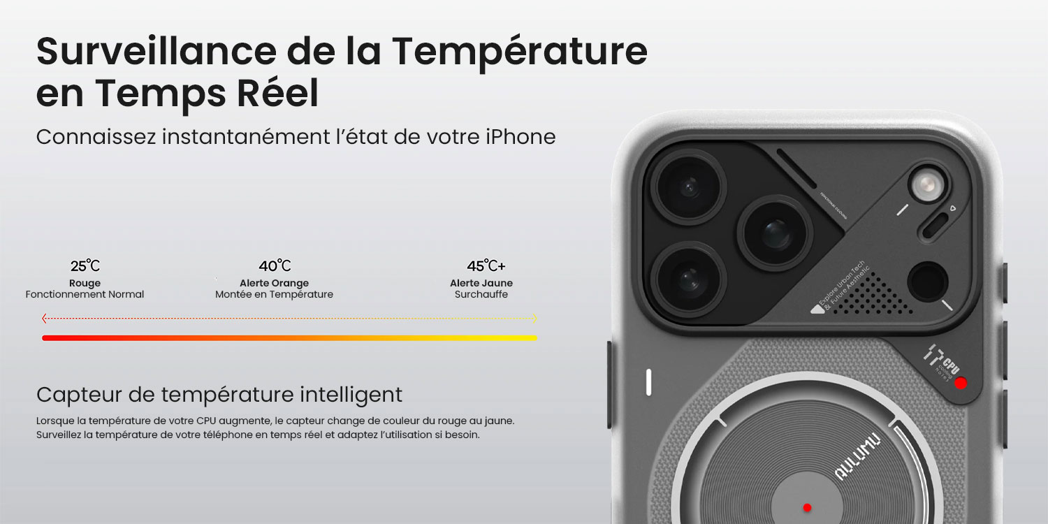 Coque iPhone 17 Pro Max MagSafe AULUMU A17 Frosted avec capteur de température intelligent et indicateur visuel de surchauffe