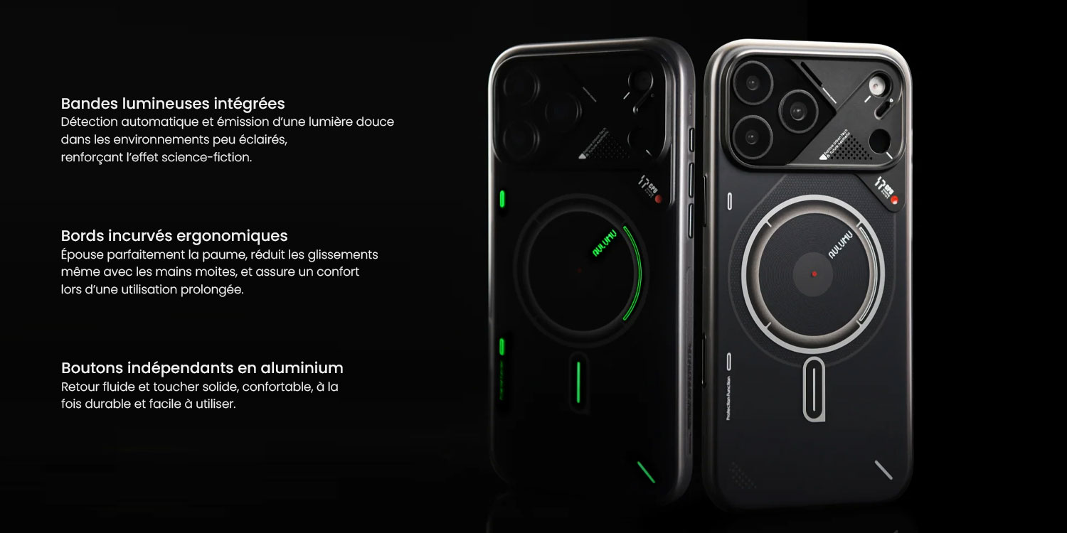 Coque iPhone 17 Pro Max MagSafe AULUMU A17 Frosted avec bandes lumineuses intégrées, bords incurvés ergonomiques et boutons en aluminium