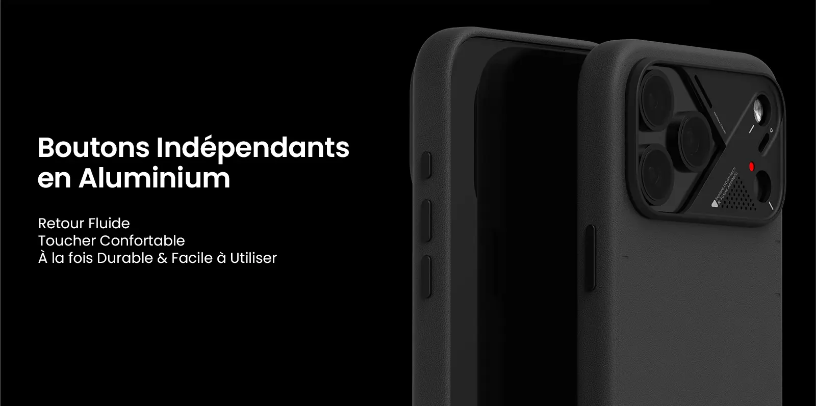 Boutons indépendants en aluminium, coque Aulumu vegan noire iPhone 17 Pro