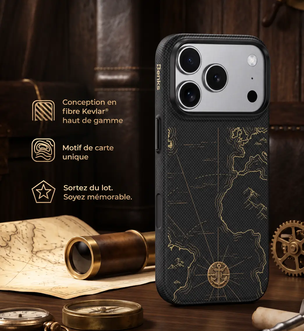 Coque BENKS ArmorEdge Air Navigator en Kevlar 600D avec motif de carte marine pour iPhone 18 Pro Max et 17 Pro Max