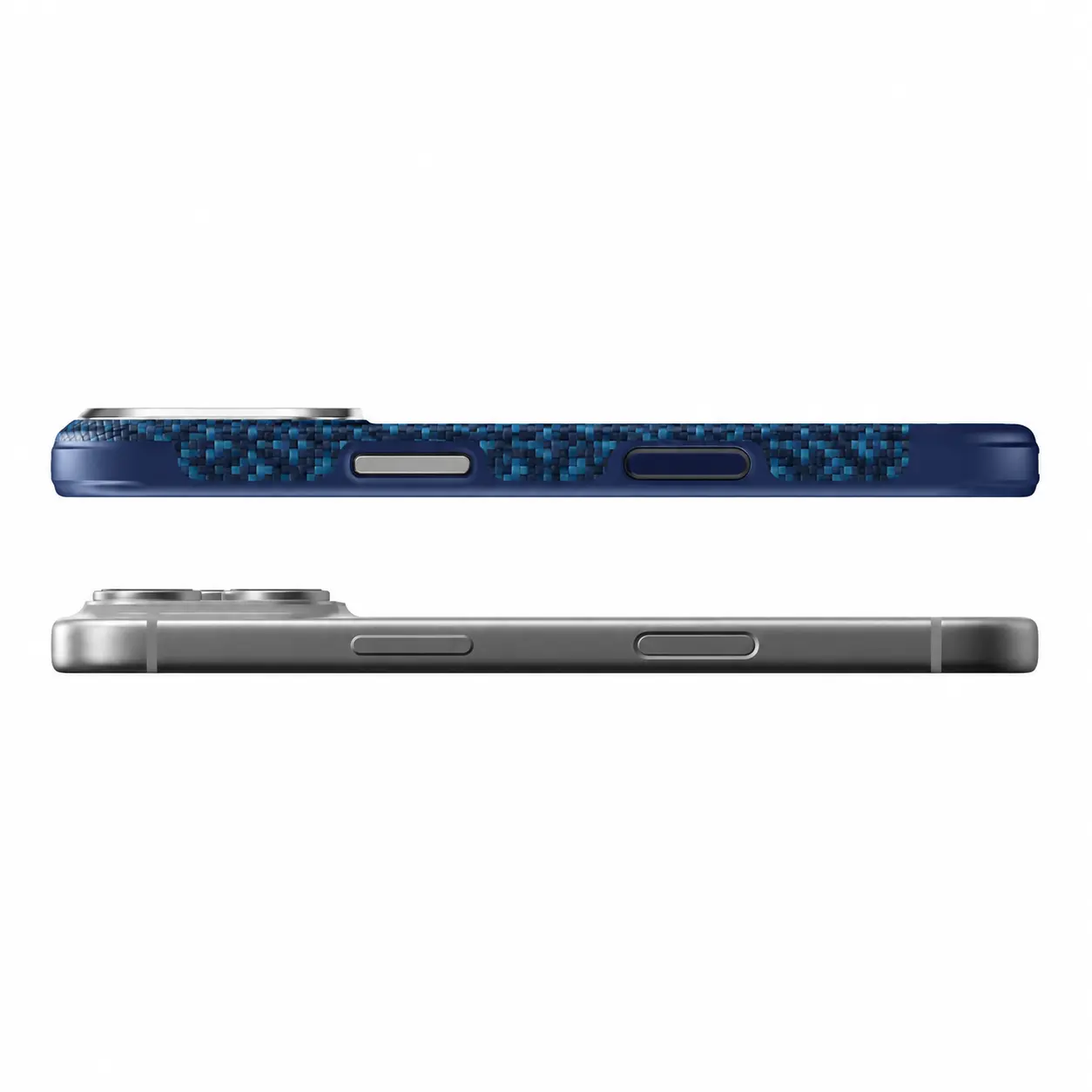 Profil fin de la coque BENKS ArmorGrid Pro bleue comparé à un iPhone