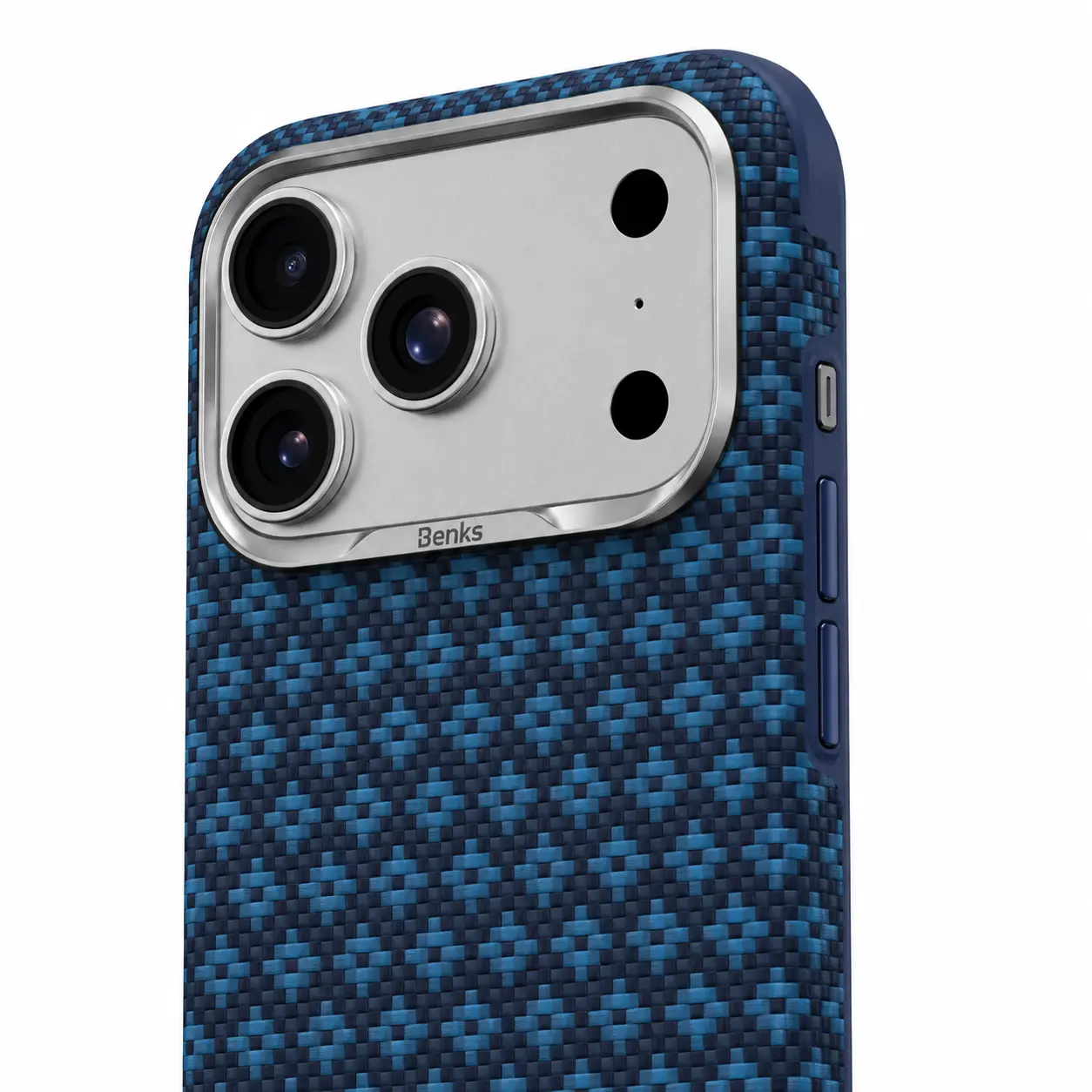 Détail de la coque BENKS ArmorGrid Pro bleue en fibre DuPont Kevlar
