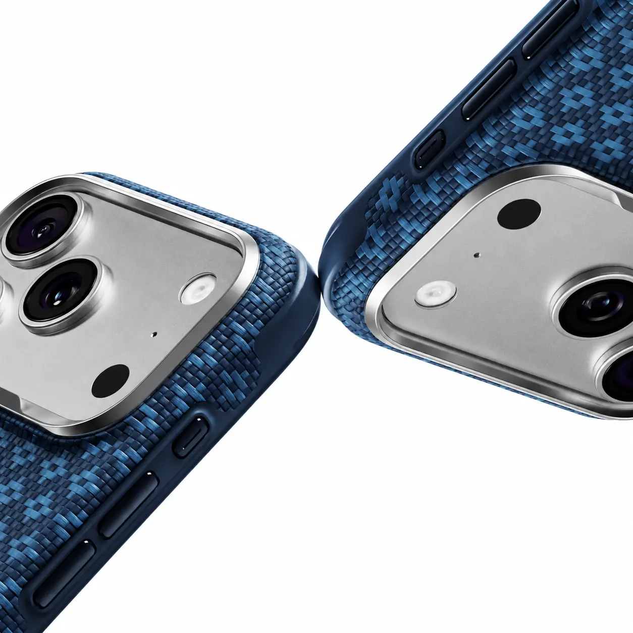 Détail des angles renforcés de la coque BENKS ArmorGrid Pro bleue en fibre Kevlar
