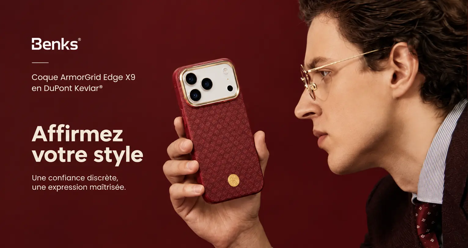 Coque Benks ArmorGrid Edge en DuPont Kevlar rouge présentée élégamment