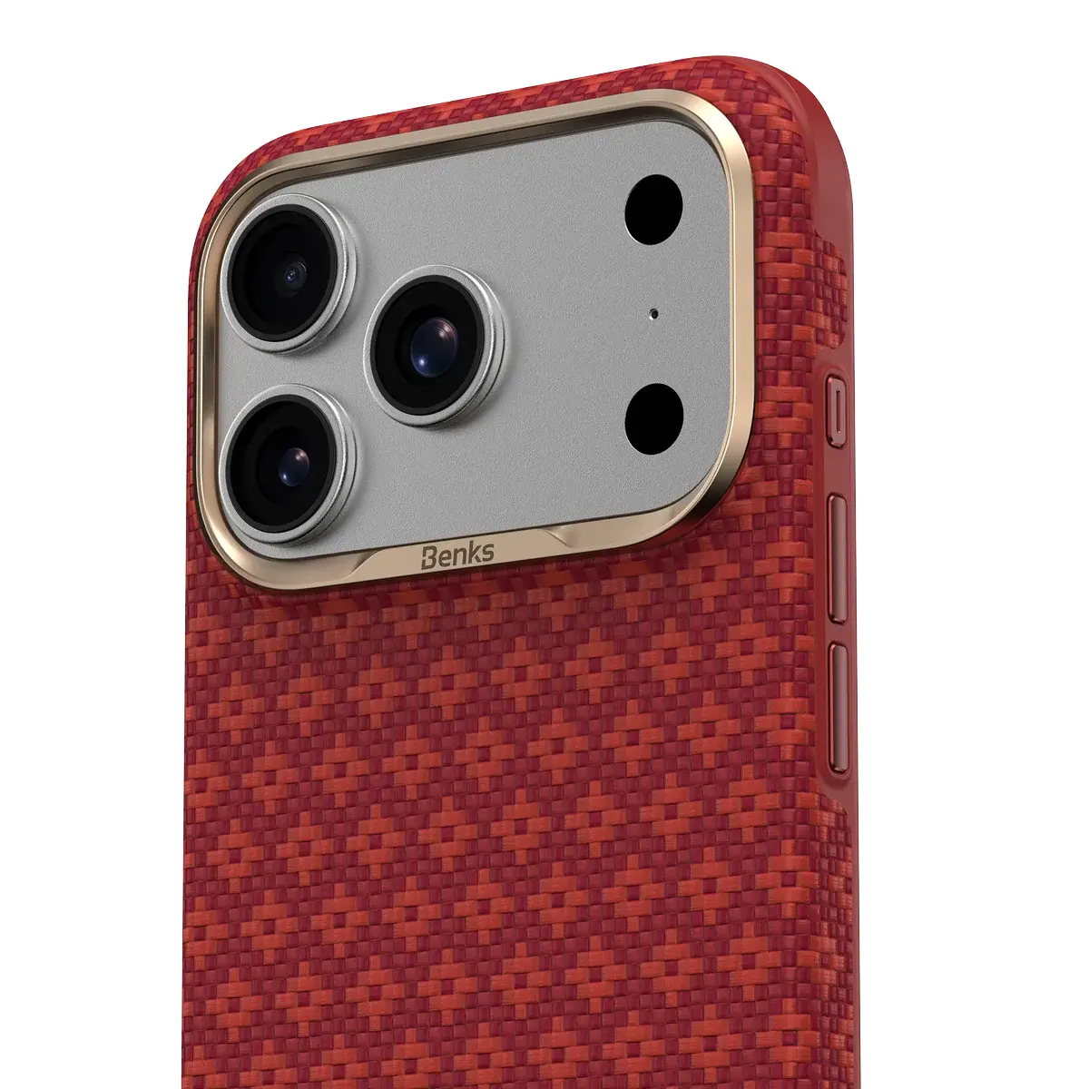 Détail de la coque BENKS ArmorEdge rouge en fibre DuPont Kevlar