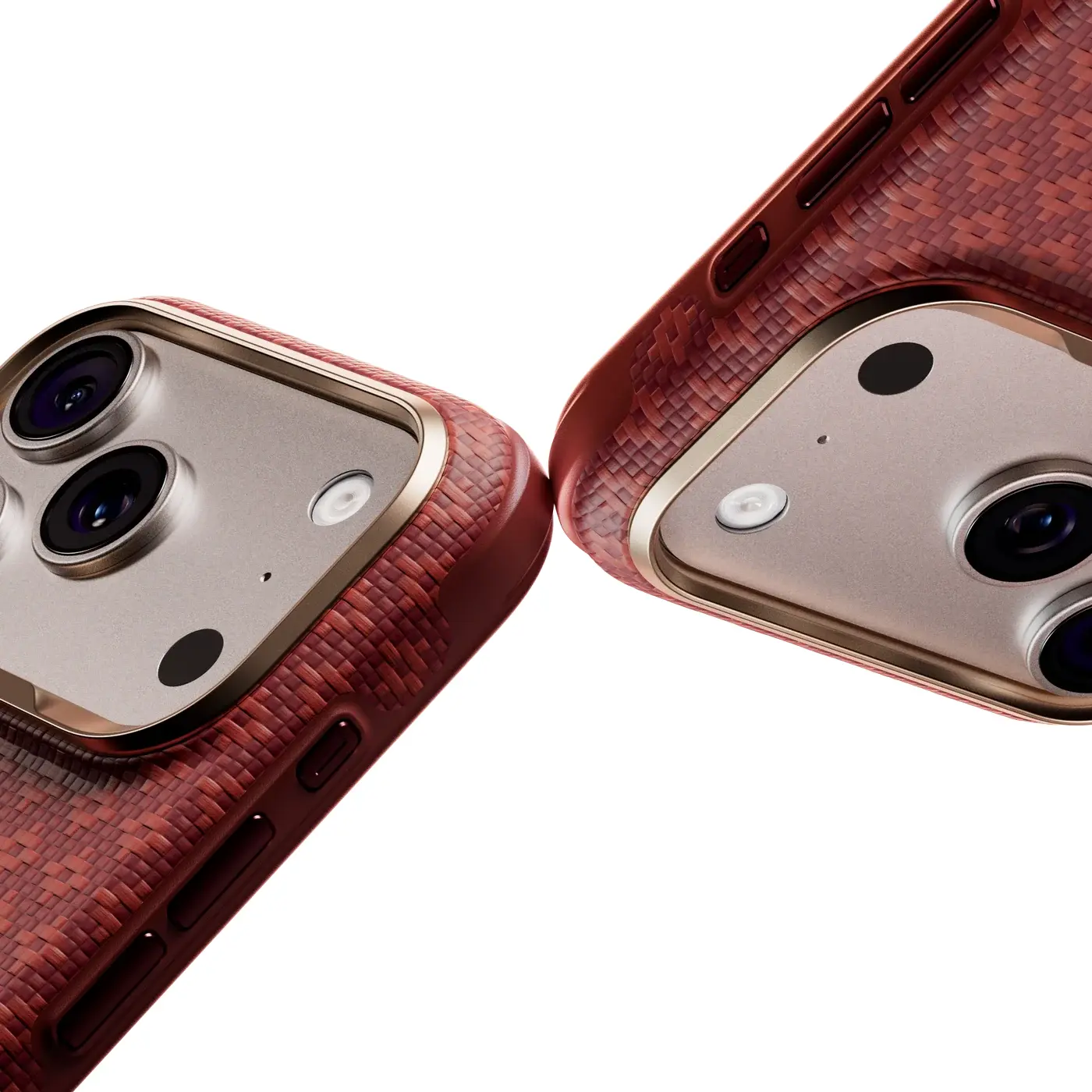 Détail des angles renforcés de la coque BENKS ArmorEdge rouge en fibre Kevlar