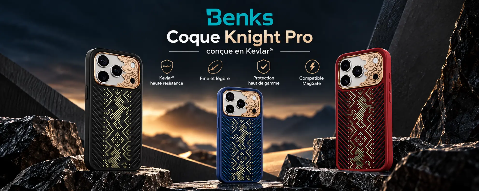 Coque BENKS Knight Pro en Kevlar compatible MagSafe pour iPhone 18 Pro et iPhone 17 Pro, coloris noir bleu et rouge