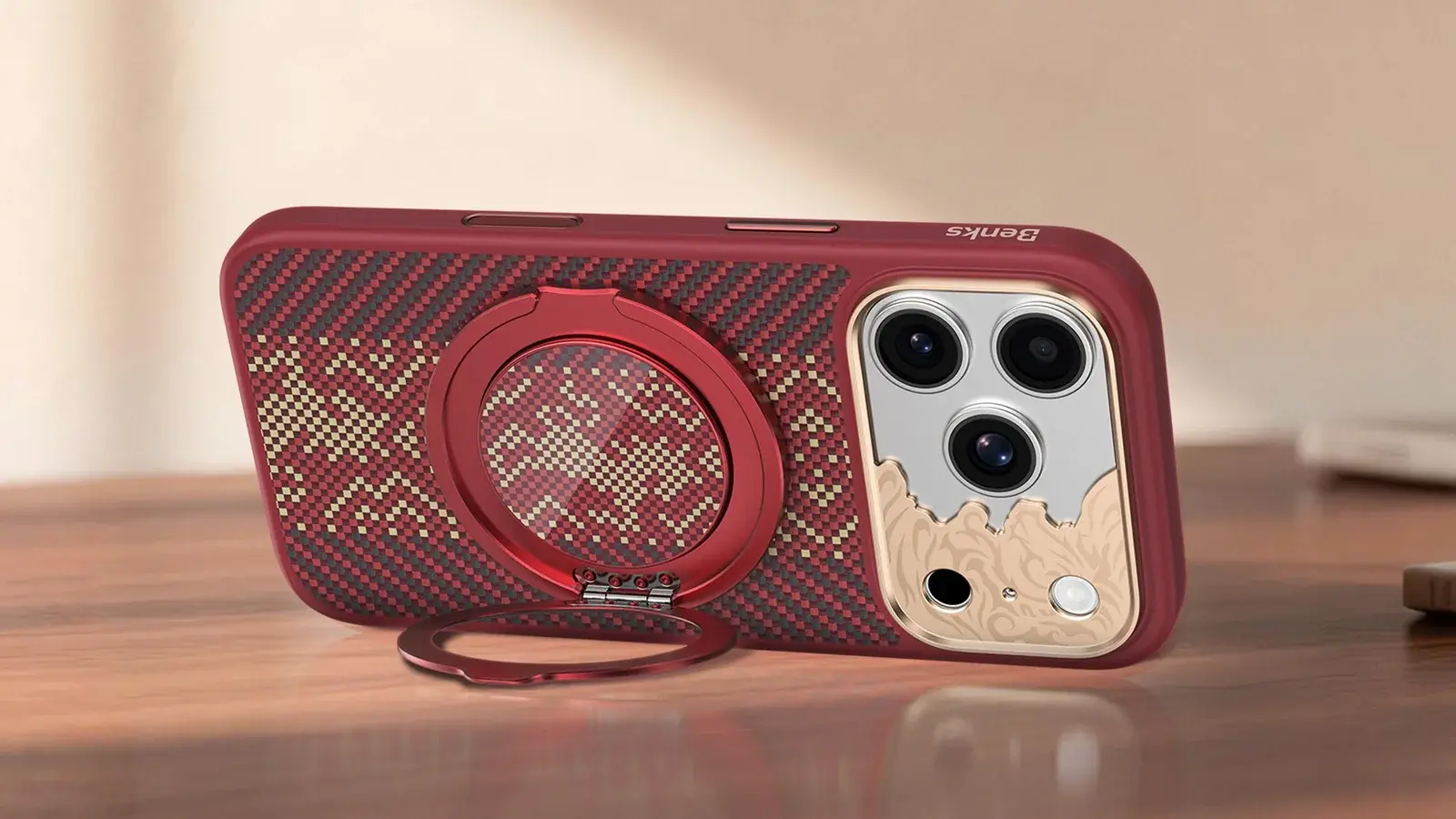 Anneau magnétique ArmorPop en position support horizontal sur coque BENKS Knight Pro Rouge pour iPhone 18 Pro et iPhone 17 Pro