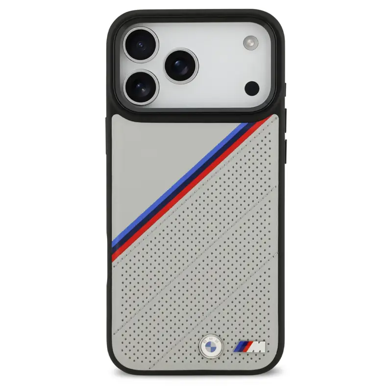 Coque MagSafe BMW M Power Grise avec Bandes Tricolores & Logo Métal pour iPhone 17 Pro Max