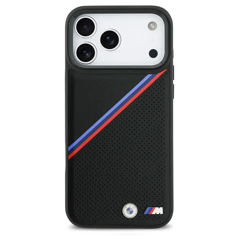 Coque MagSafe BMW M Power Noire avec Bandes Tricolores & Logo Métal pour iPhone 17 Pro Max