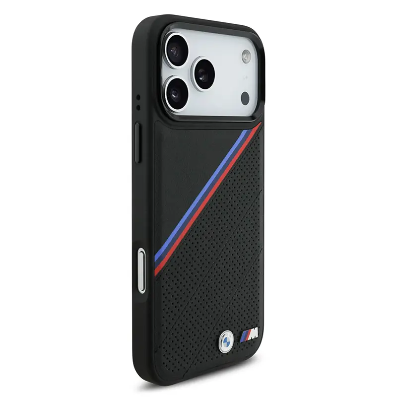 Coque BMW noire MagSafe pour iPhone 17 Pro Max, rayures tricolores et logo métal