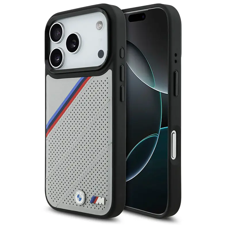 Coque BMW grise MagSafe pour iPhone 17 Pro, rayures tricolores et logo métal