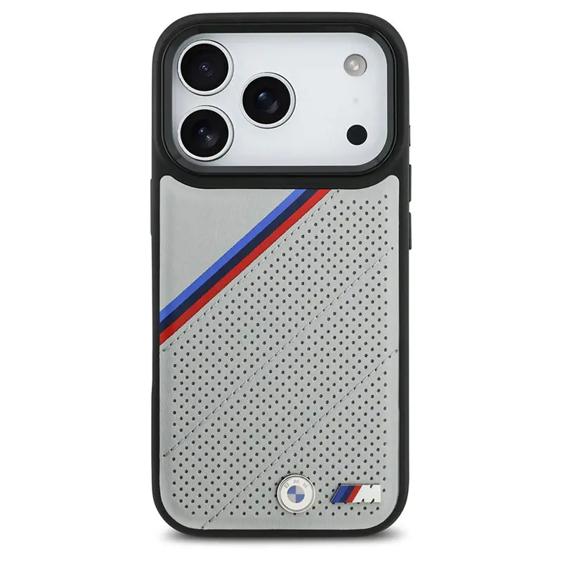 Coque MagSafe BMW M Power Grise avec Bandes Tricolores & Logo Métal pour iPhone 17 Pro