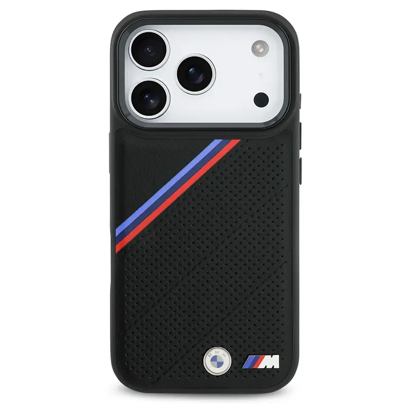 Coque MagSafe BMW M Power Noire avec Bandes Tricolores & Logo Métal pour iPhone 17 Pro