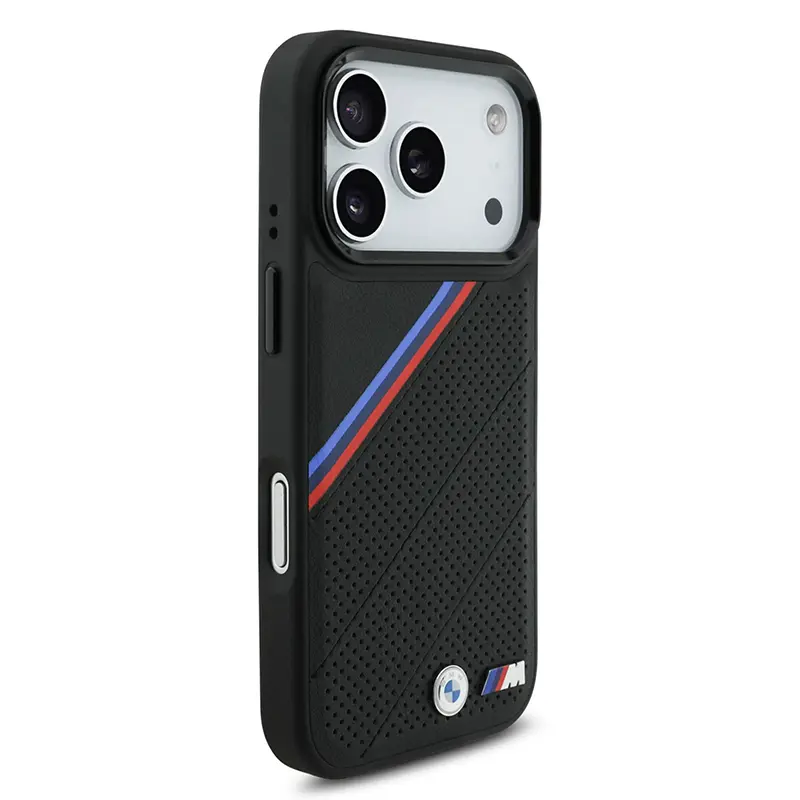 Coque BMW noire MagSafe pour iPhone 17 Pro, rayures tricolores et logo métal
