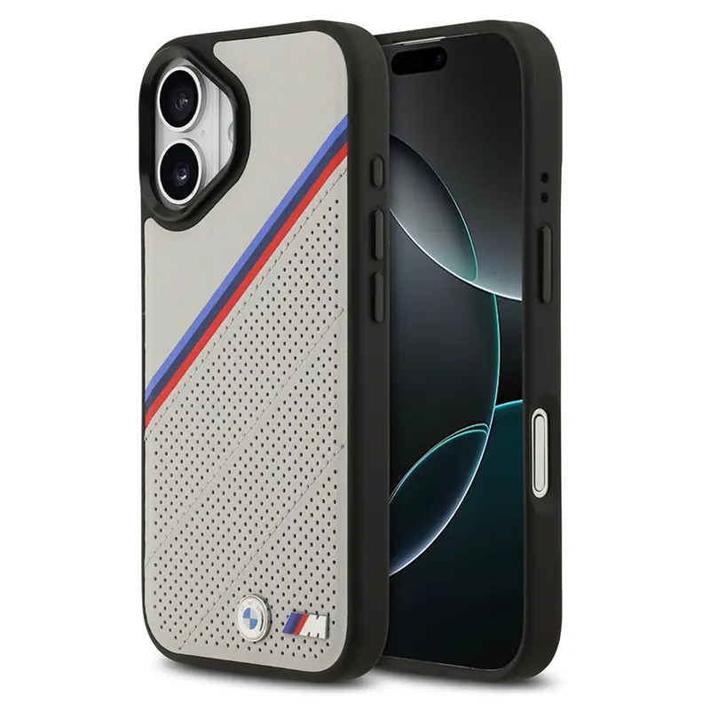 Coque BMW grise MagSafe pour iPhone 17, rayures tricolores et logo métal