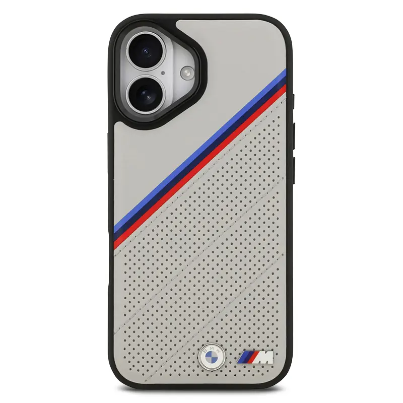 Coque MagSafe BMW M Power Grise avec Bandes Tricolores & Logo Métal pour iPhone 17