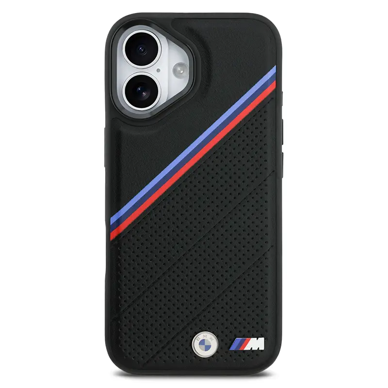 Coque MagSafe BMW M Power Noire avec Bandes Tricolores & Logo Métal pour iPhone 17
