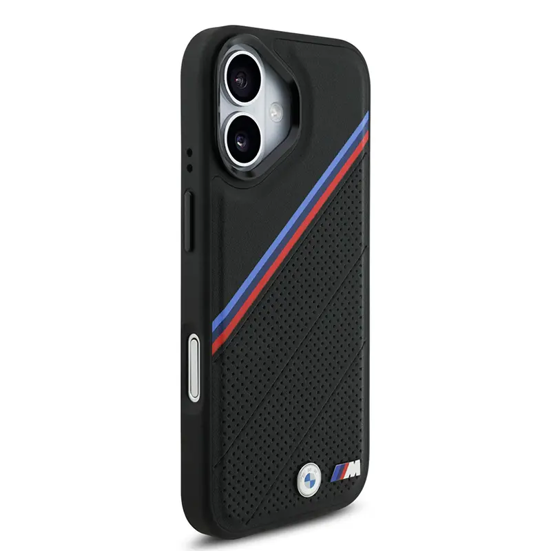 Coque BMW noire MagSafe pour iPhone 17, rayures tricolores et logo métal