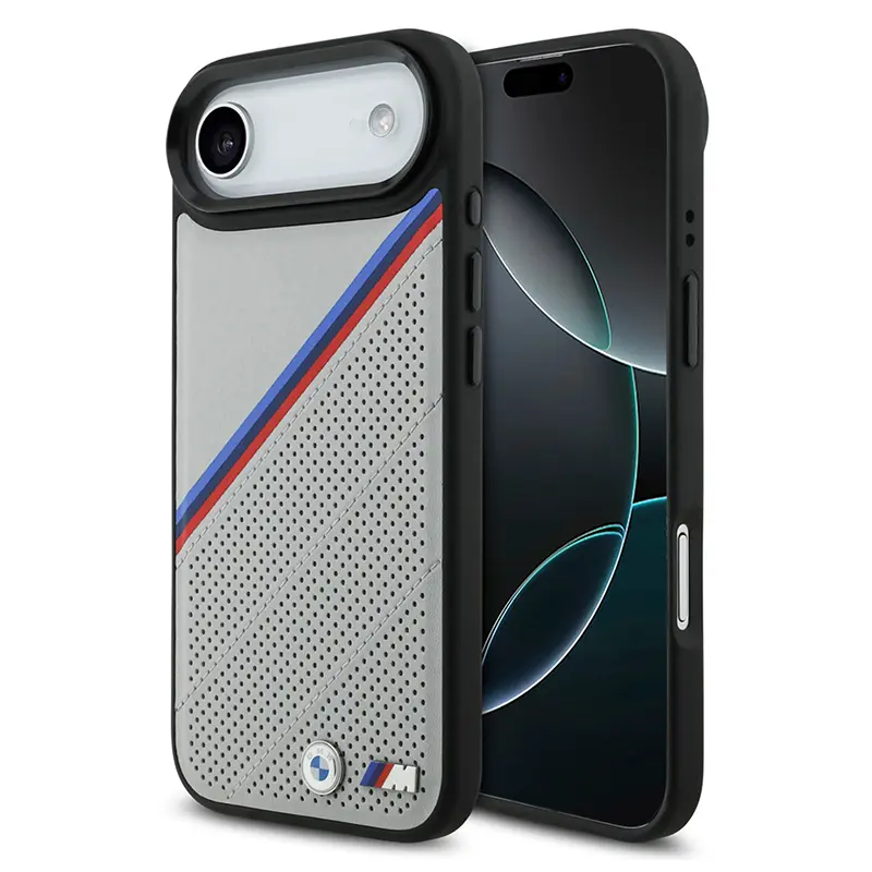 Coque BMW grise MagSafe pour iPhone Air, rayures tricolores et logo métal