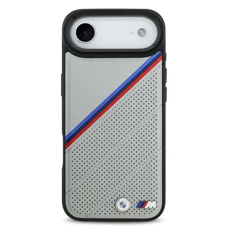 Coque MagSafe BMW M Power Grise avec Bandes Tricolores & Logo Métal pour iPhone Air