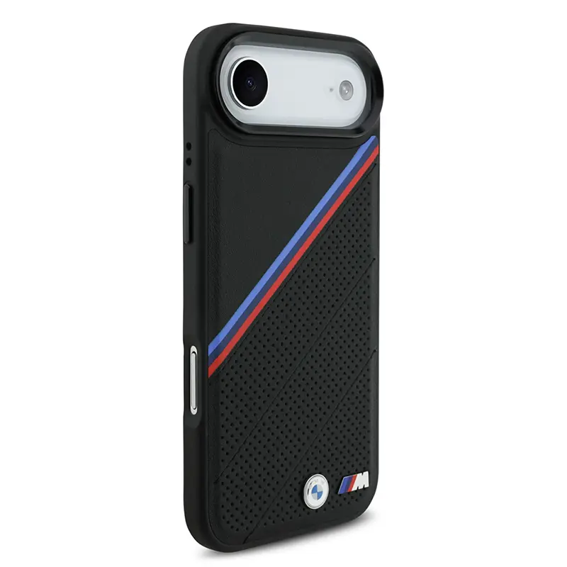Coque BMW noire MagSafe pour iPhone Air, rayures tricolores et logo métal