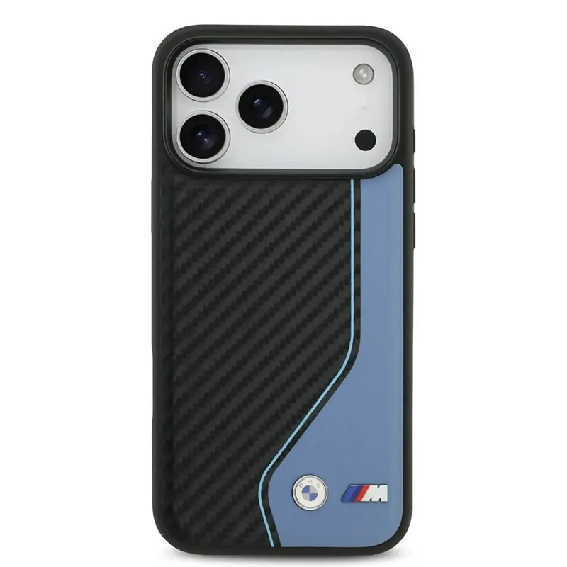Coque MagSafe BMW M Carbone Logo BiColore Noir & Bleu pour iPhone 17 Pro Max, vue arrière