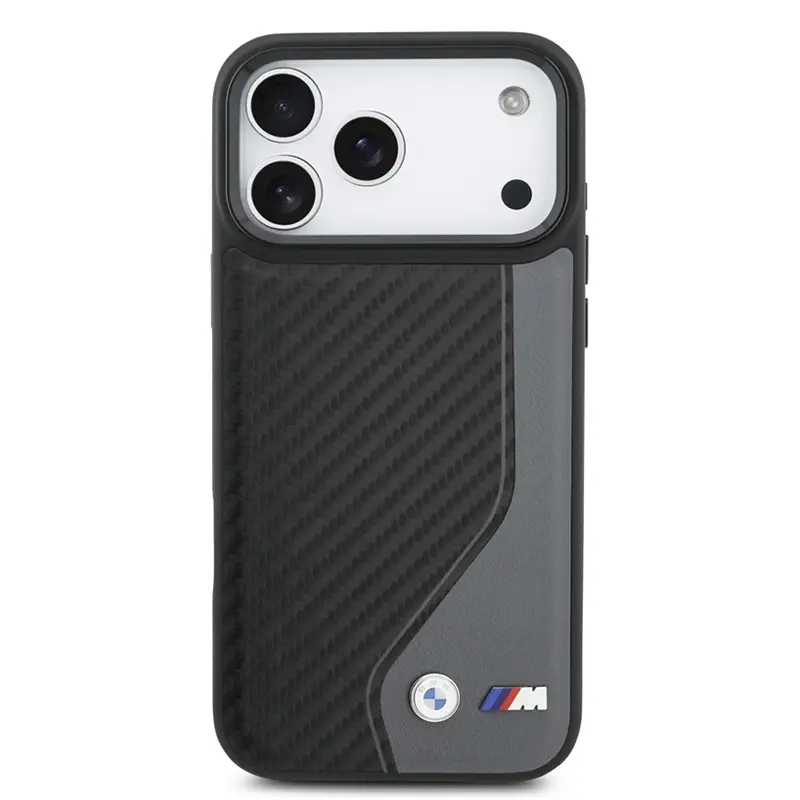 Coque MagSafe BMW M Carbone Logo BiColore Noir & Gris pour iPhone 17 Pro Max, vue arrière