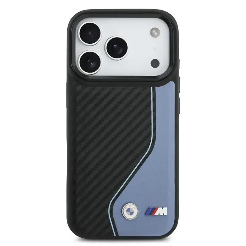 Coque MagSafe BMW M Carbone Logo BiColore Noir & Bleu pour iPhone 17 Pro, vue arrière