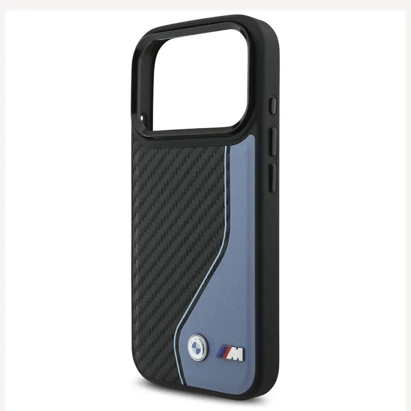 Coque MagSafe BMW M Carbone Logo BiColore Noir & Bleu pour iPhone 17 Pro, vue sans smartphone