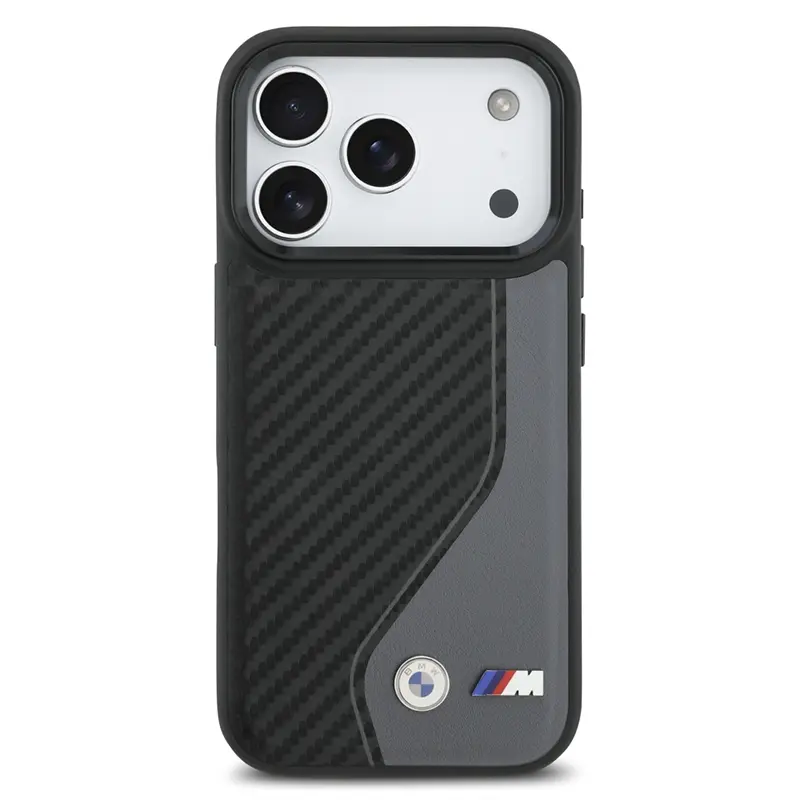 Coque MagSafe BMW M Carbone Logo BiColore Noir & Gris pour iPhone 17 Pro, vue arrière