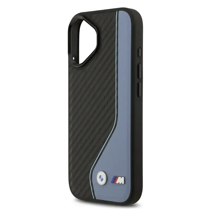 Coque MagSafe BMW M Carbone Logo BiColore Noir & Bleu pour iPhone 17, vue sans smartphone