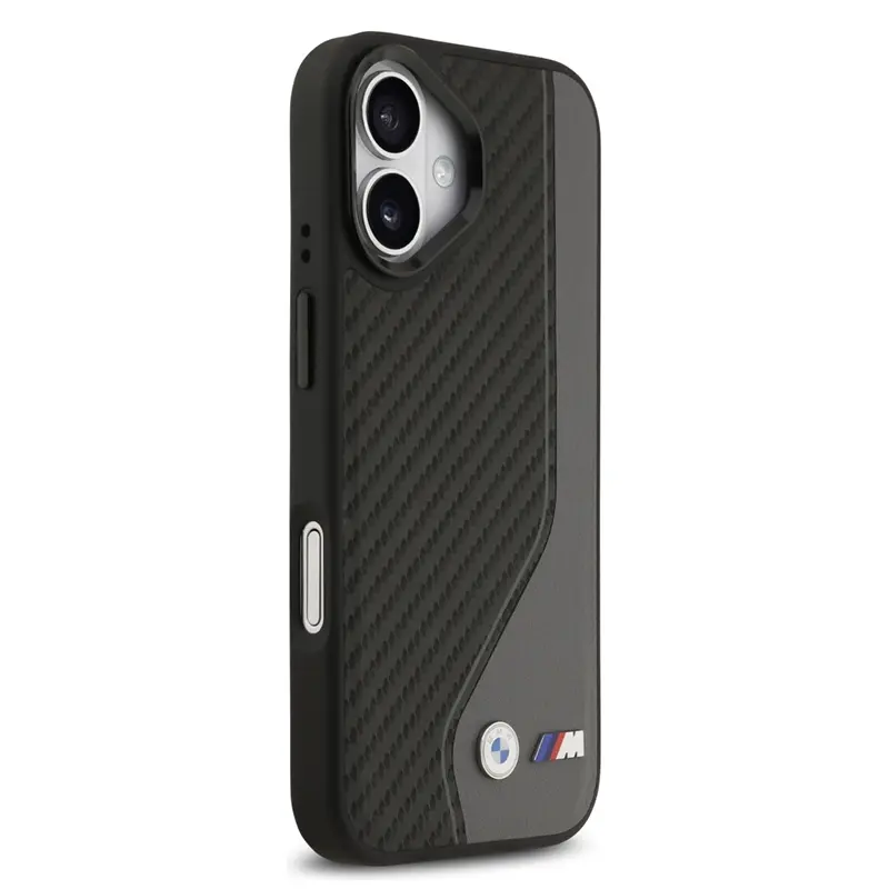 Coque MagSafe BMW M Carbone Logo BiColore Noir & Gris pour iPhone 17, vue profil droit