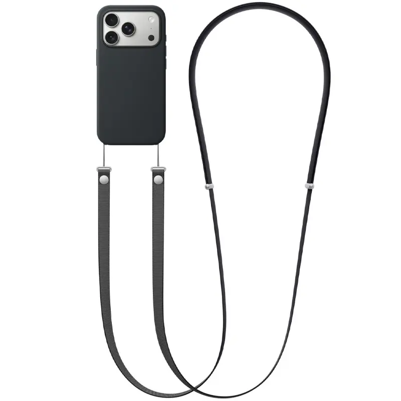 Bandoulière smartphone en nylon tressé noire – Compatible coques avec fixations latérales – Réglage magnétique rapide