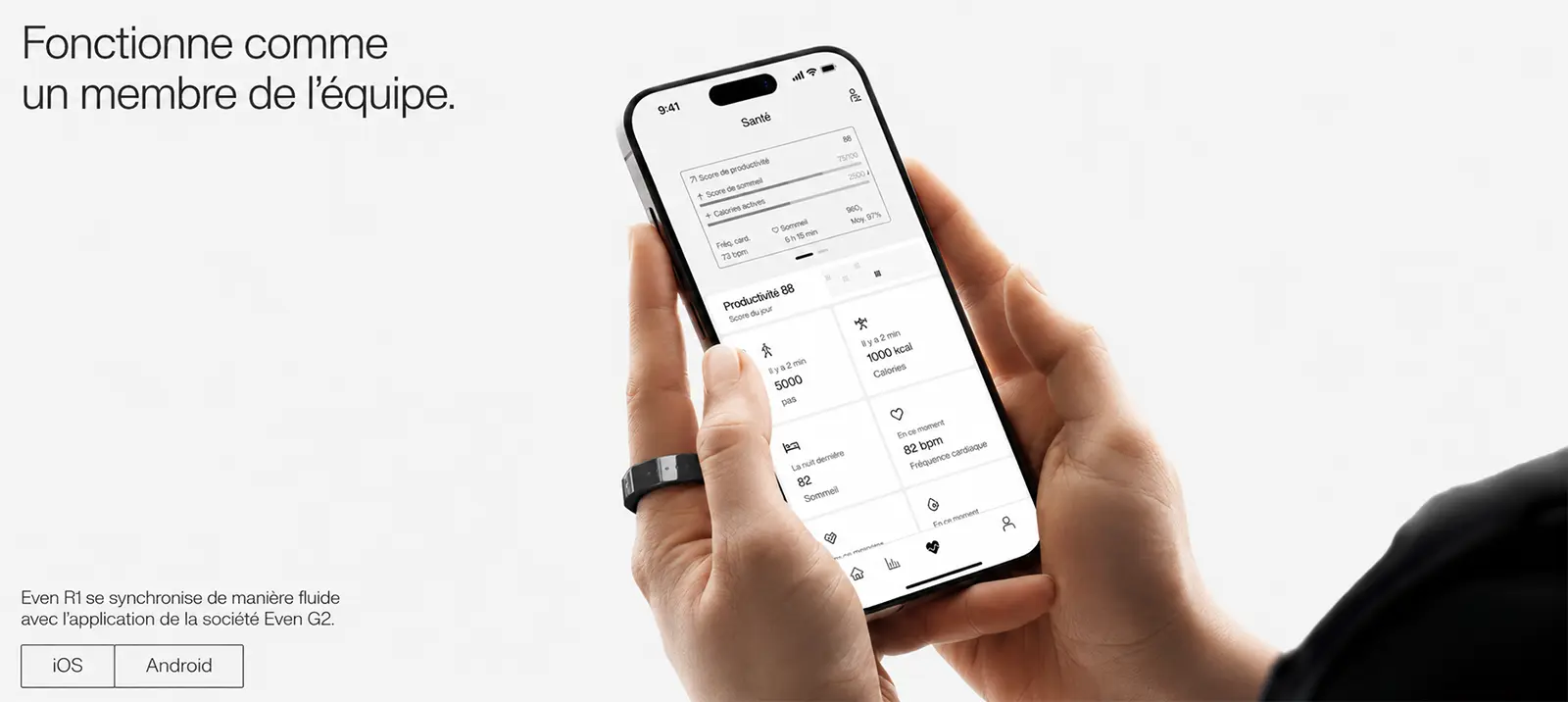 Bague connectée Even Realities R1 synchronisée avec l'application Even G2 sur smartphone pour consulter ses données de santé et d'activité