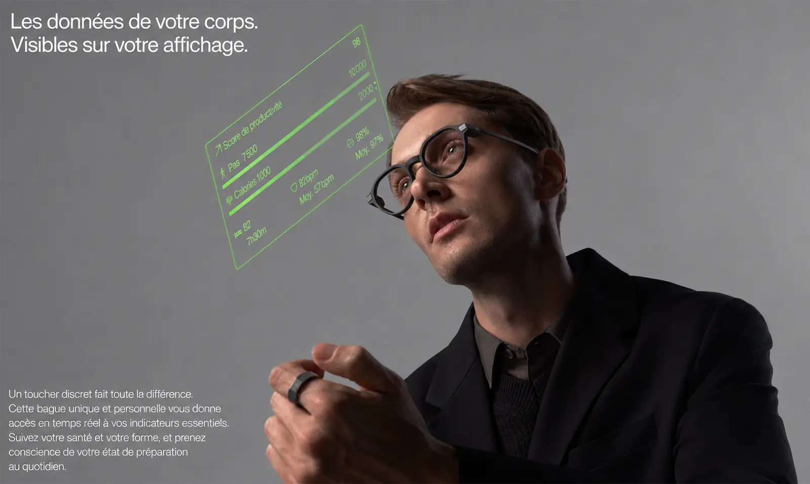 Bague connectée Even Realities R1 affichant en temps réel les données de santé et d'activité dans les lunettes Even G2