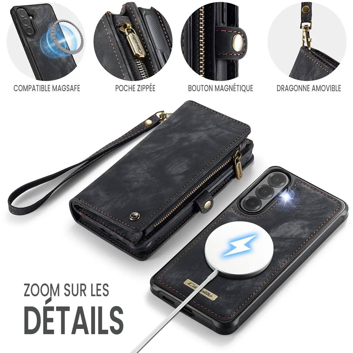 Galaxy A57 5G - Étui Portefeuille CaseMe avec Coque Détachable Noire