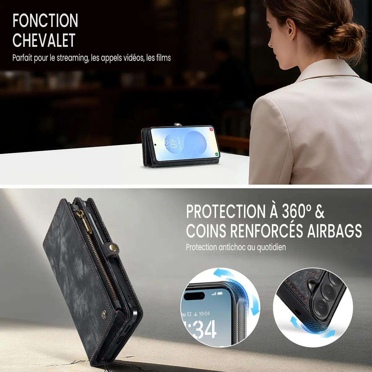 Galaxy A57 5G - Étui Portefeuille CaseMe avec Coque Détachable Noire