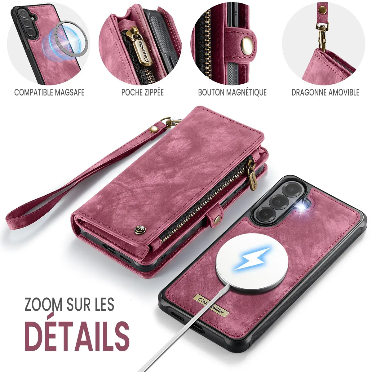Galaxy A57 5G - Étui Portefeuille CaseMe avec Coque Détachable Rose