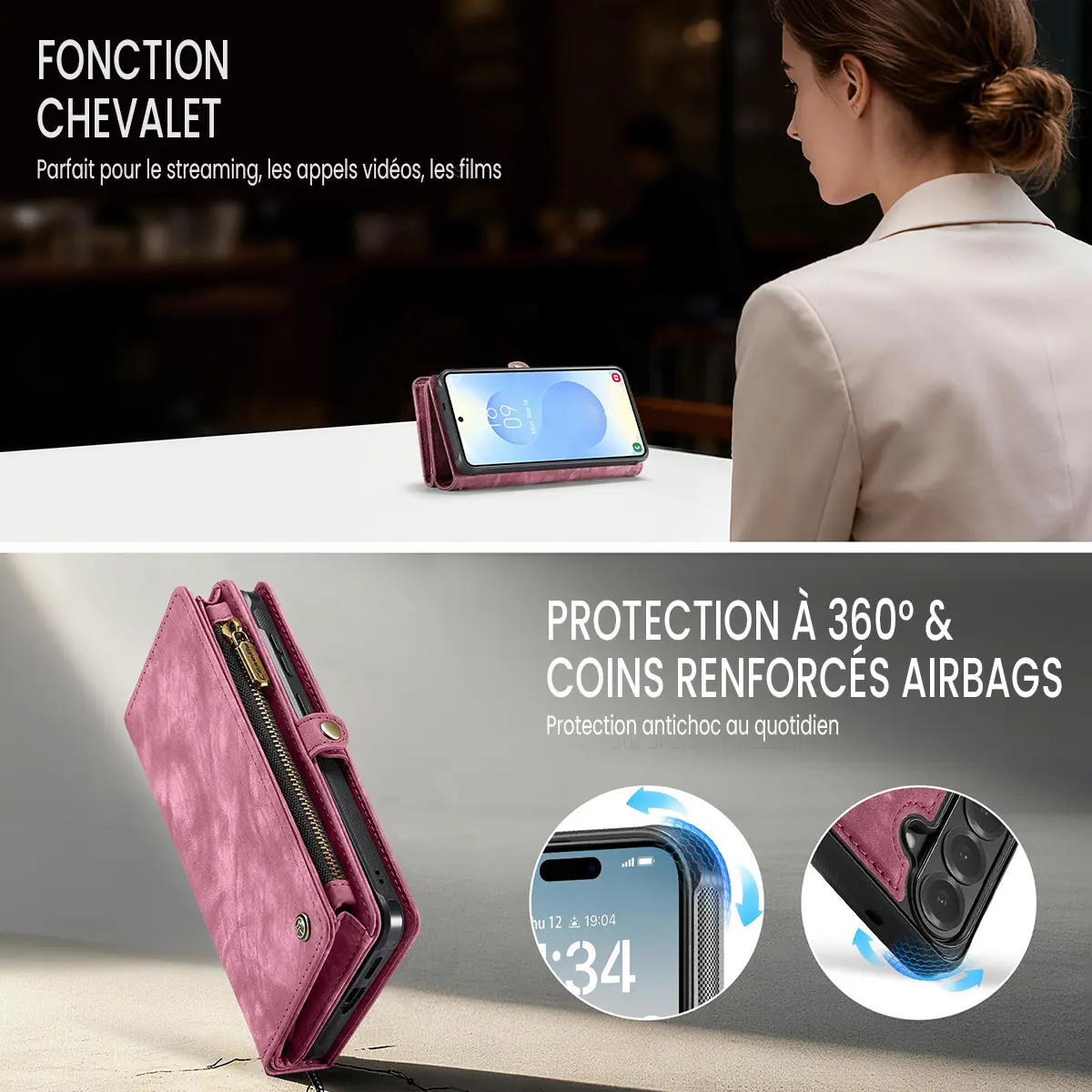 Galaxy A57 5G - Étui Portefeuille CaseMe avec Coque Détachable Rose