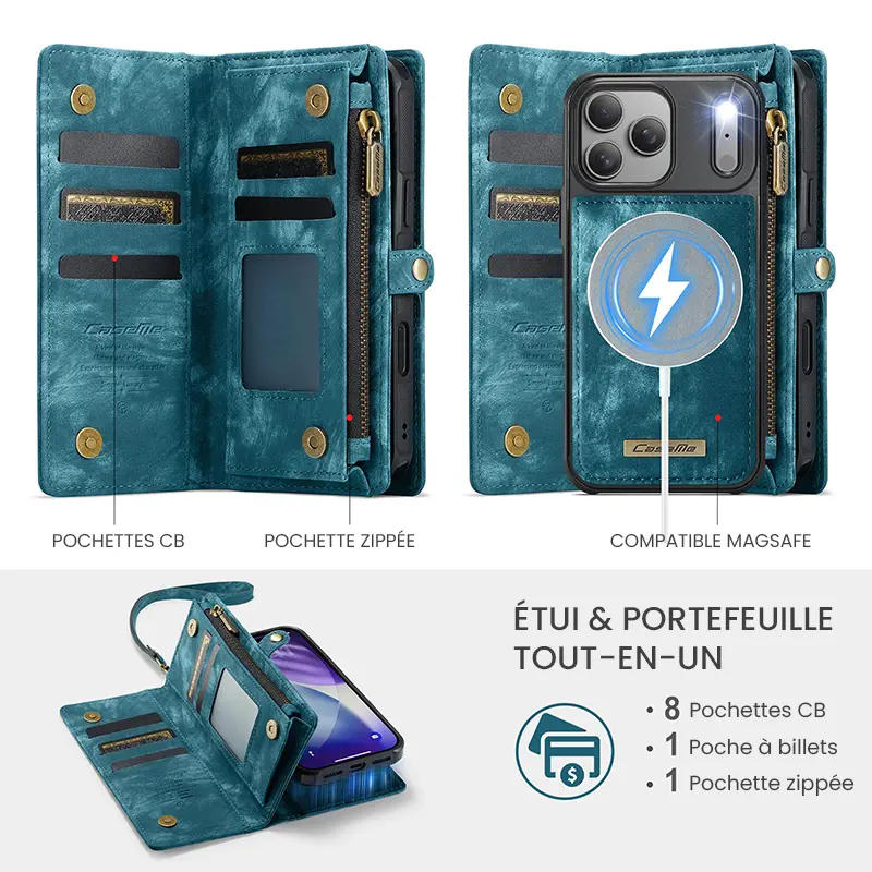 Étui CaseMe Bleu avec Coque Détachable pour iPhone 17 Pro Max - Etui & Portefeuille Tout-en-Un
