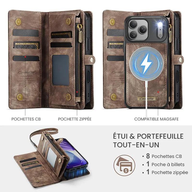 Étui CaseMe Marron avec Coque Détachable pour iPhone 17 Pro Max - Etui & Portefeuille Tout-en-Un