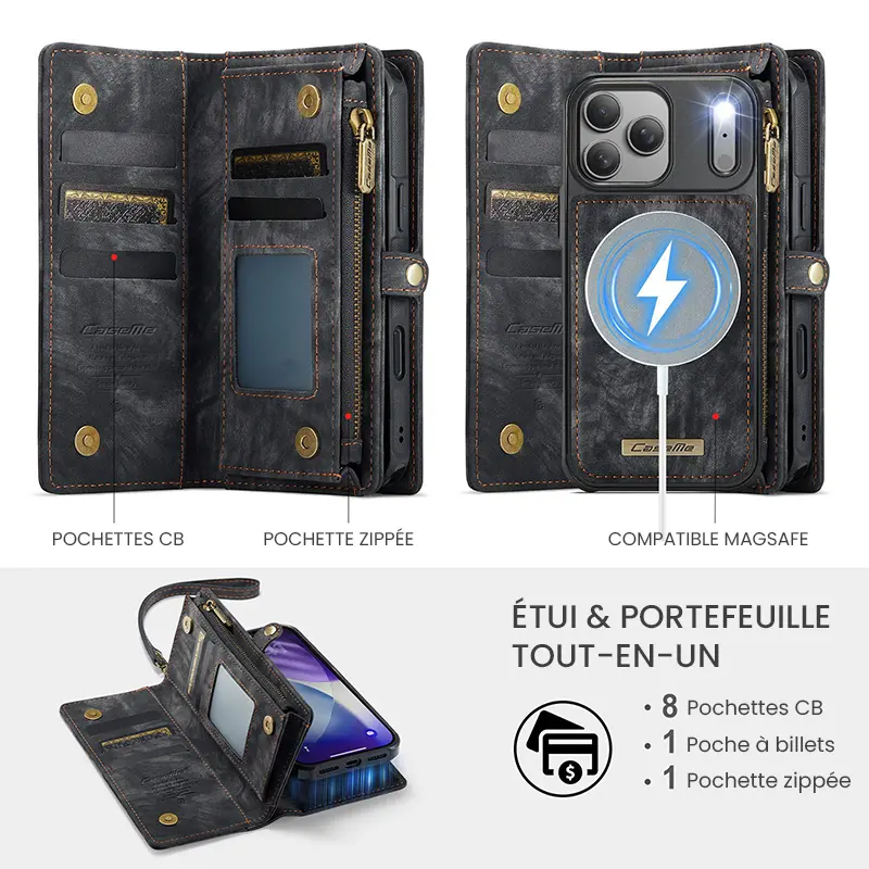 Étui CaseMe Noir avec Coque Détachable pour iPhone 17 Pro Max - Etui & Portefeuille Tout-en-Un