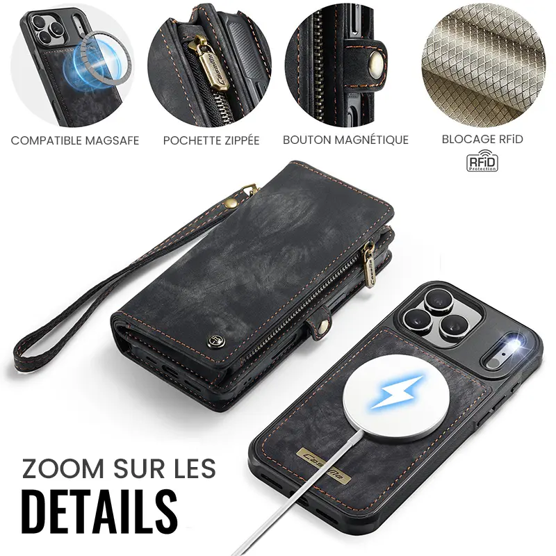 Étui CaseMe Noir avec Coque Détachable pour iPhone 17 Pro Max - Détails