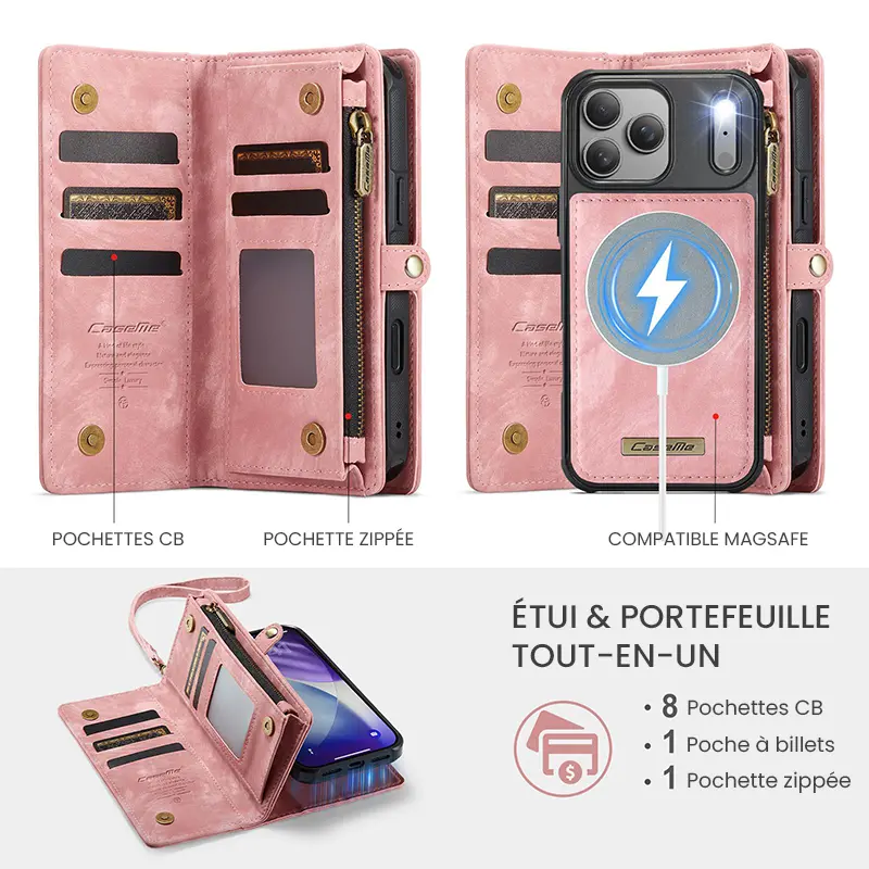 Étui CaseMe Rose avec Coque Détachable pour iPhone 17 Pro Max - Etui & Portefeuille Tout-en-Un